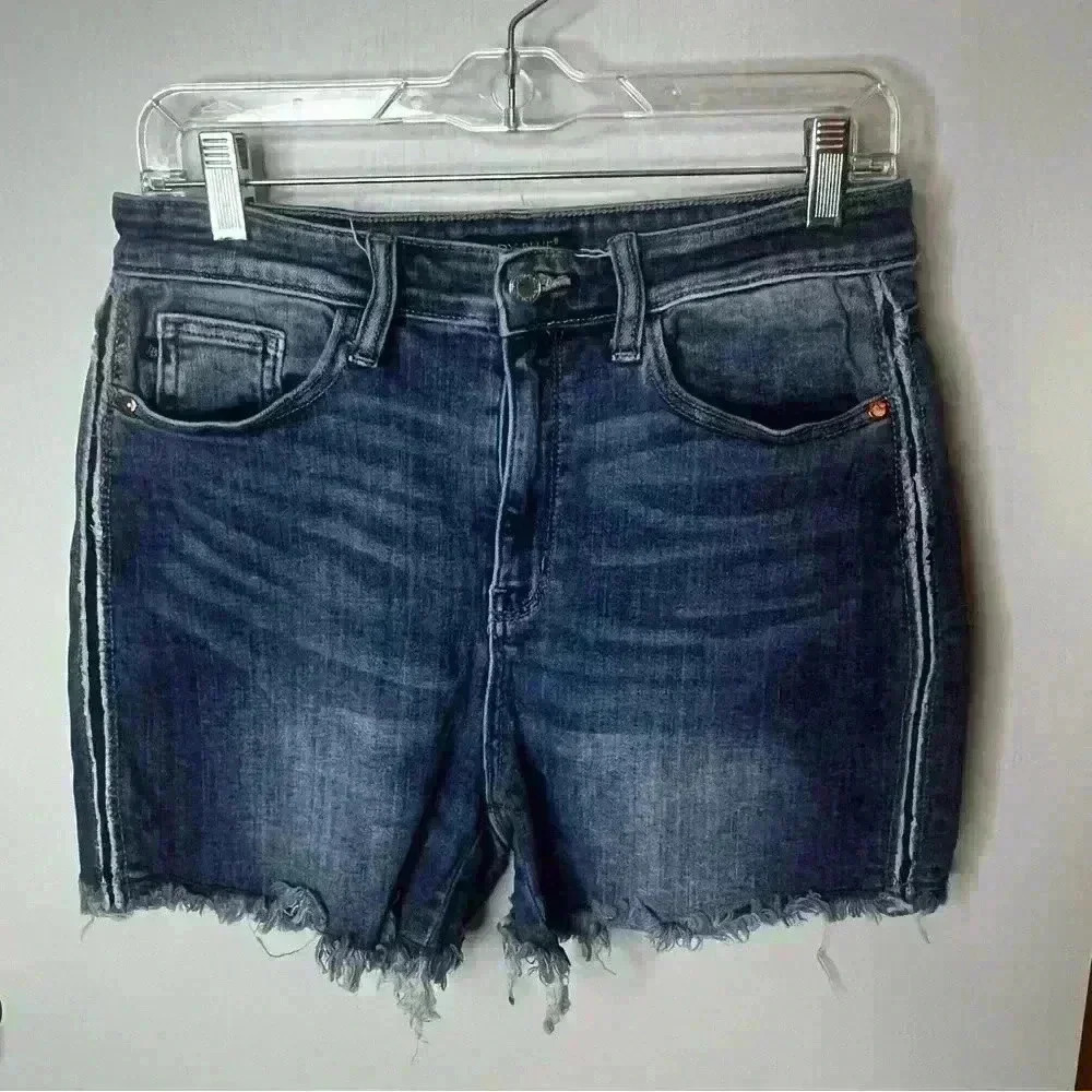 Judy Blue Denim Jean Shorts Women Large Blue High‎ Rise Distressed Raw Hem